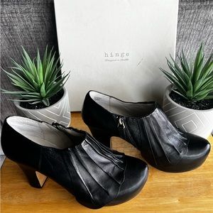 Hinge Black Leather Bootie with Pleated/Scalloped detailing size 10